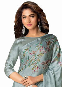 Dull grey saree in satin with self and digital print