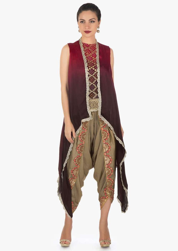 Dull gold Dhoti Salwar With shaded bandhani printed top and  jacket