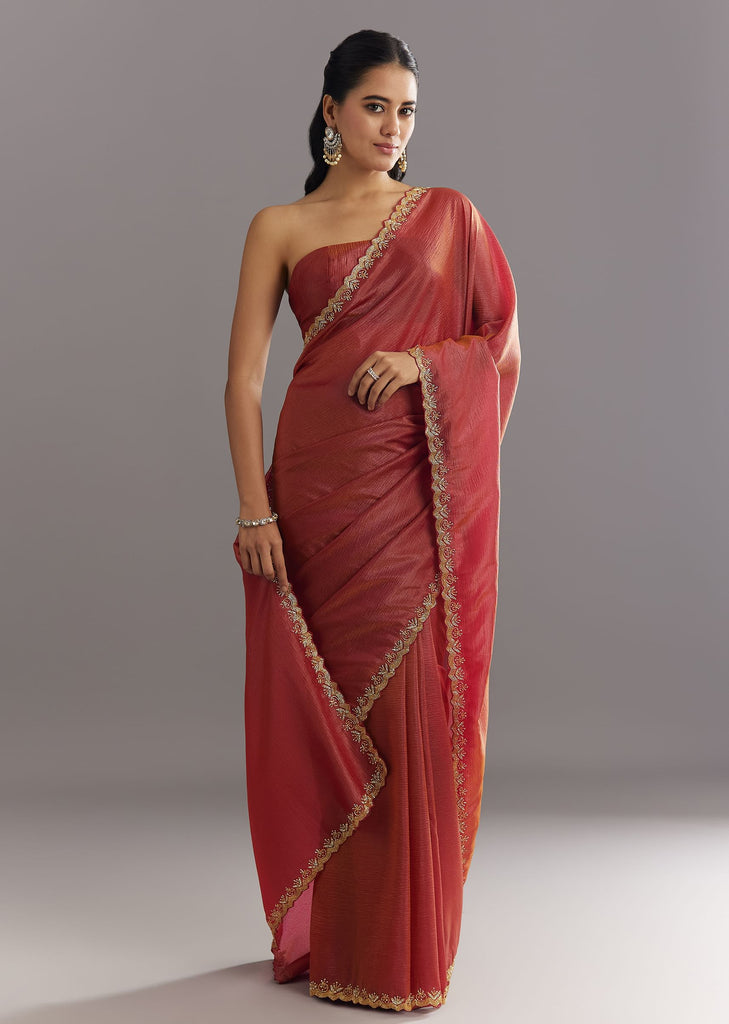 Dusky Brown Crushed Tissue Saree With Stones Cutdana Embroidered Scallop Border