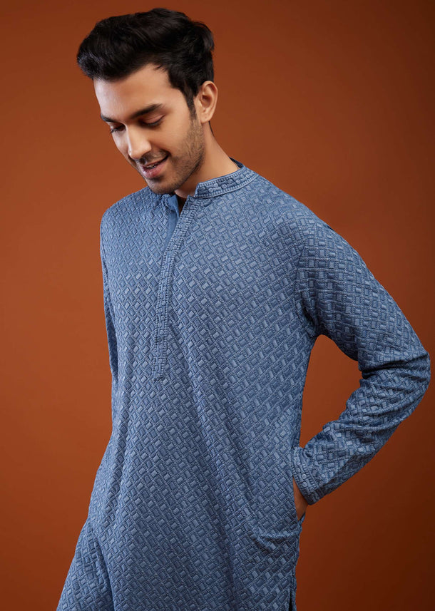 Sea Blue Thread Embroidered Silk Kurta Set