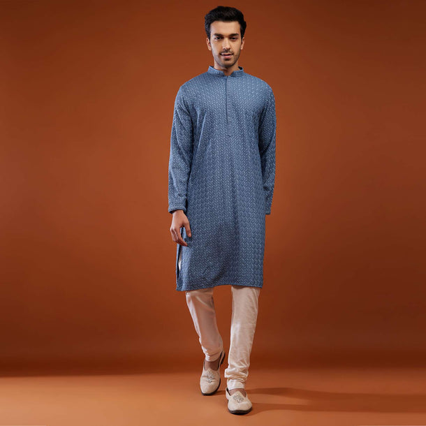 Sea Blue Thread Embroidered Silk Kurta Set