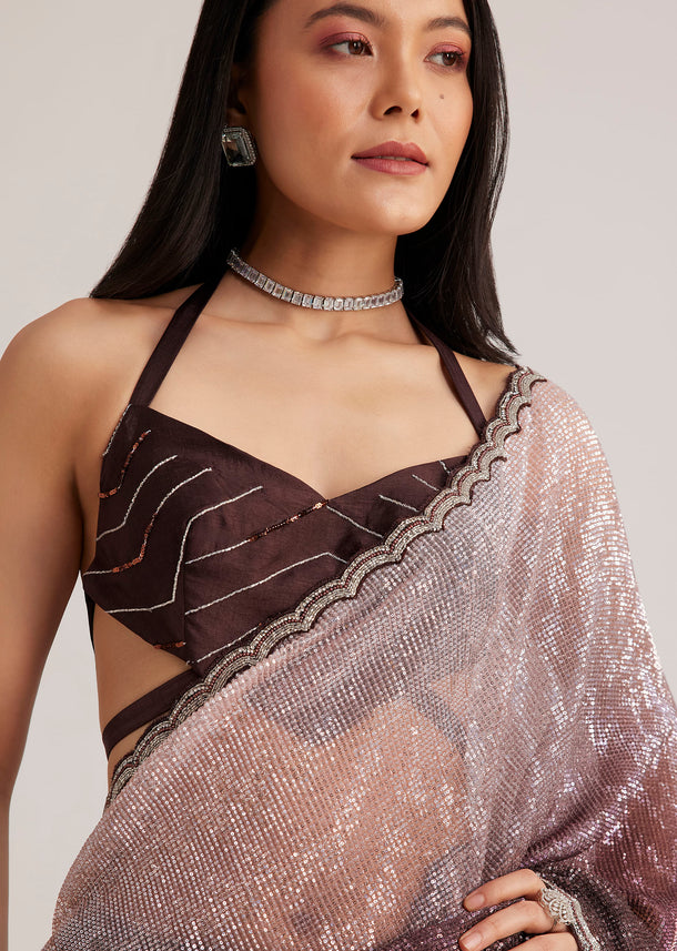 Dusky Brown Ombre Saree With Sequins And Scallop Border Embroidery