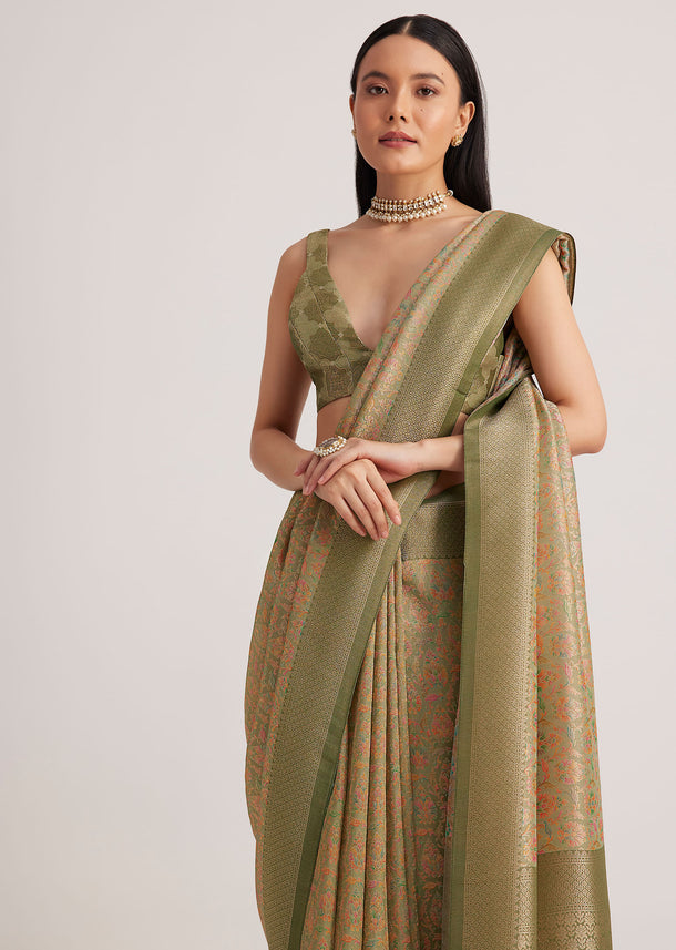 Dusky Green Tissue Silk Woven Saree