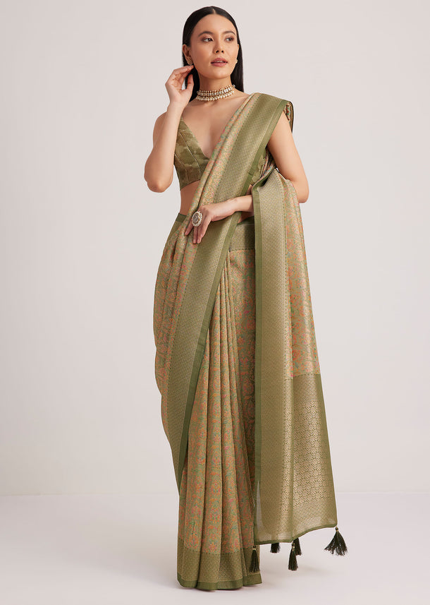 Dusky Green Tissue Silk Woven Saree