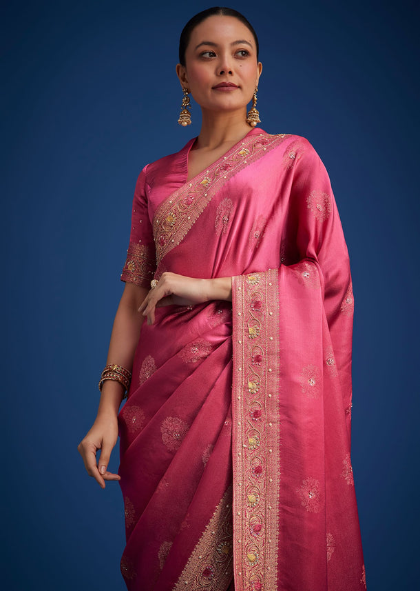 Dusky Orange Dola Silk Saree With Embroidered Border And Pallu