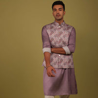 Mauve Purple Thread Embroidered Bandi Jacket Set In Art Silk