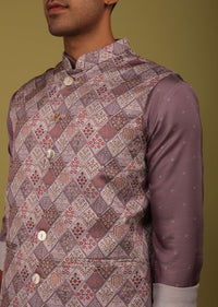 Mauve Purple Thread Embroidered Bandi Jacket Set In Art Silk
