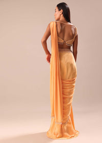 Dusky Peach Pre Stitched Saree With Embroidered Blouse