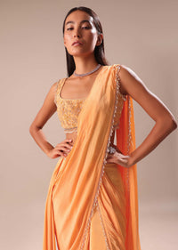 Dusky Peach Pre Stitched Saree With Embroidered Blouse