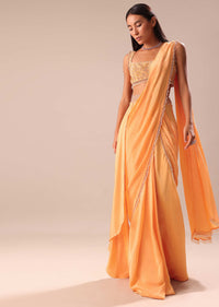 Dusky Peach Pre Stitched Saree With Embroidered Blouse