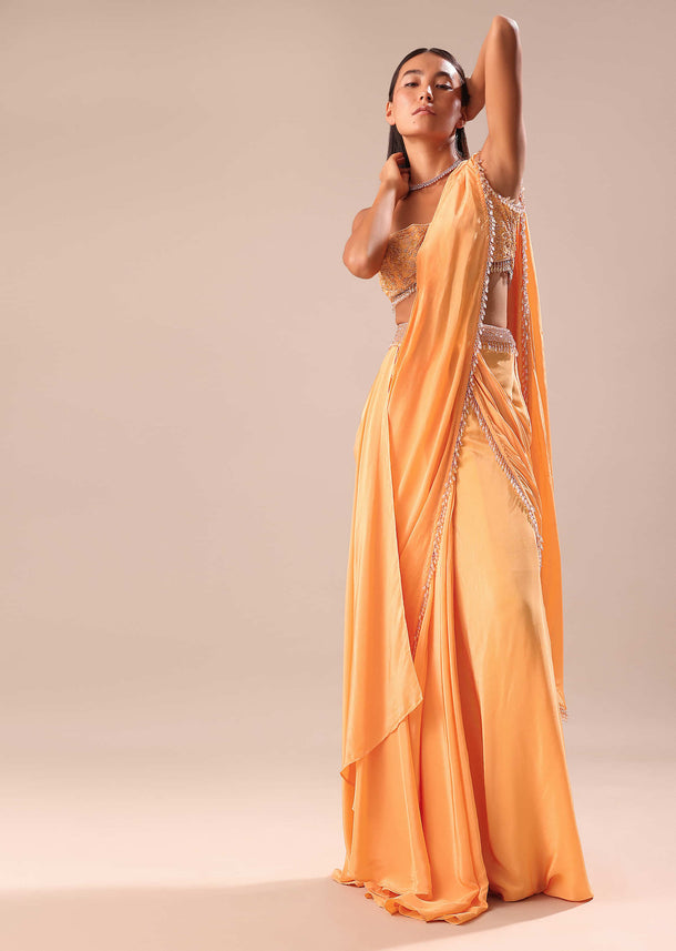 Dusky Peach Pre Stitched Saree With Embroidered Blouse