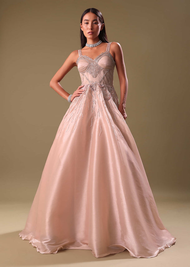 Dust Pink Hand Embroidered Organza Gown