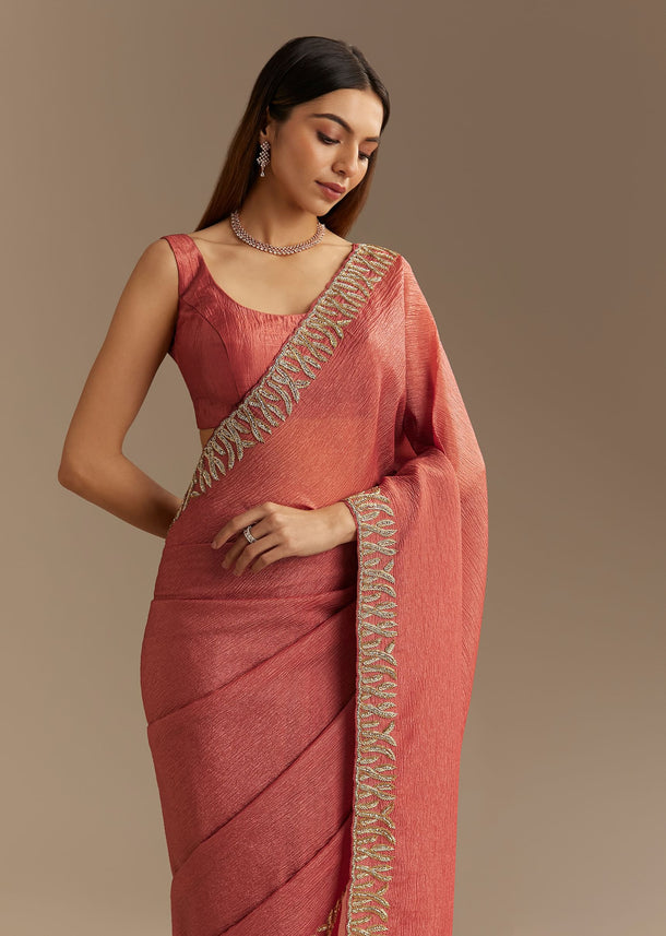 Dusty Brown Crushed Tissue Saree With Scallop Border And Stone Embroidery