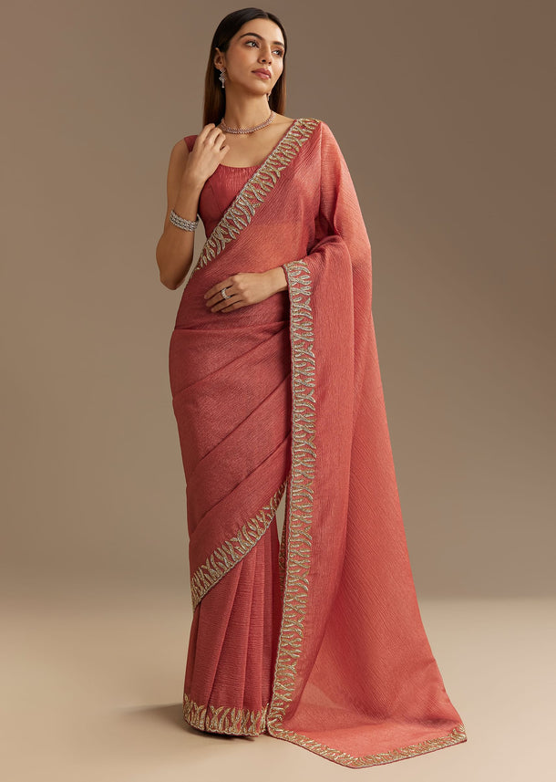 Dusty Brown Crushed Tissue Saree With Scallop Border And Stone Embroidery