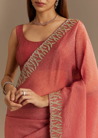 Dusty Brown Crushed Tissue Saree With Scallop Border And Stone Embroidery