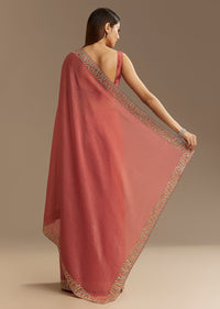 Dusty Brown Crushed Tissue Saree With Scallop Border And Stone Embroidery