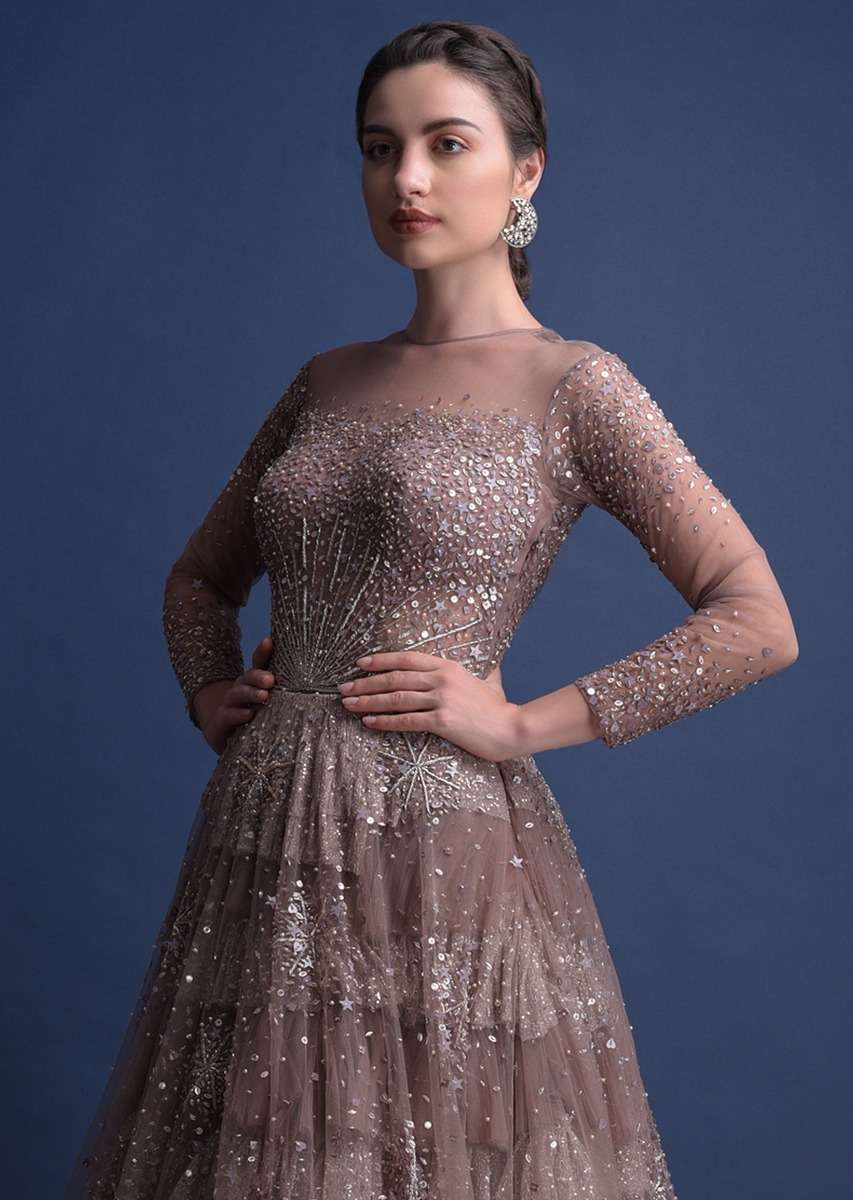 Eve Champagne Gown In Hand Crafted Net With Snowflake Motifs