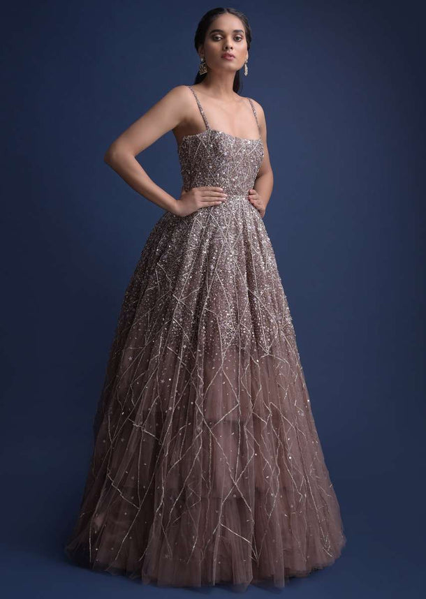 Eve Champagne Gown In Hand Embellished Net With Geometric Motifs