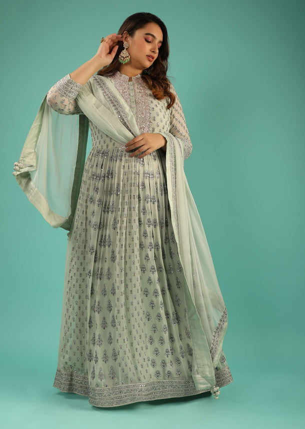 Dusty Green Anarkali Suit In Georgette With Resham And Mirror Embroidered Floral Buttis And Chiffon Dupatta