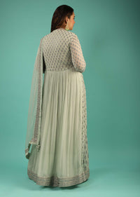 Dusty Green Anarkali Suit In Georgette With Resham And Mirror Embroidered Floral Buttis And Chiffon Dupatta