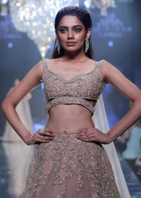 Tejasswi Prakash Shell Champagne Lehenga Choli In Hand Embellished Net With Floral Pattern And Attached Net Cape
