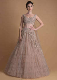 Tejasswi Prakash Shell Champagne Lehenga Choli In Hand Embellished Net With Floral Pattern And Attached Net Cape