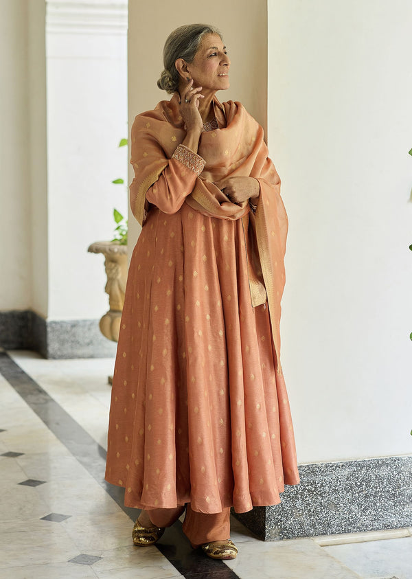 Dusty peach embroidered anarkali paired with pant and dupatta