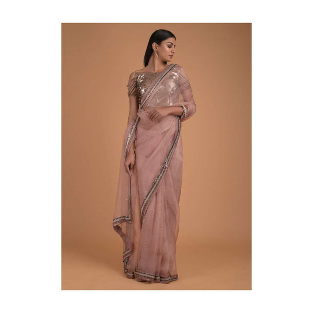 Dusty Peach Saree In Organza And Gold Blouse With Sequins Work Online - Kalki Fashion