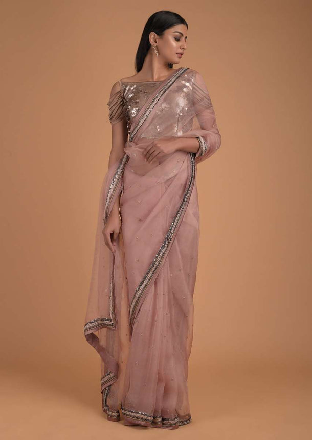 Dusty Peach Saree In Organza And Gold Blouse With Sequins Work Online - Kalki Fashion