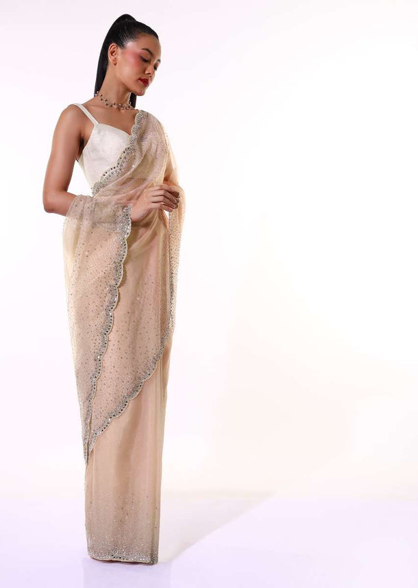 Dusty Peach Saree In Organza With Mirror Embroidered Scallop Border Along With Flower Shaped Sequins Online - Kalki Fashion