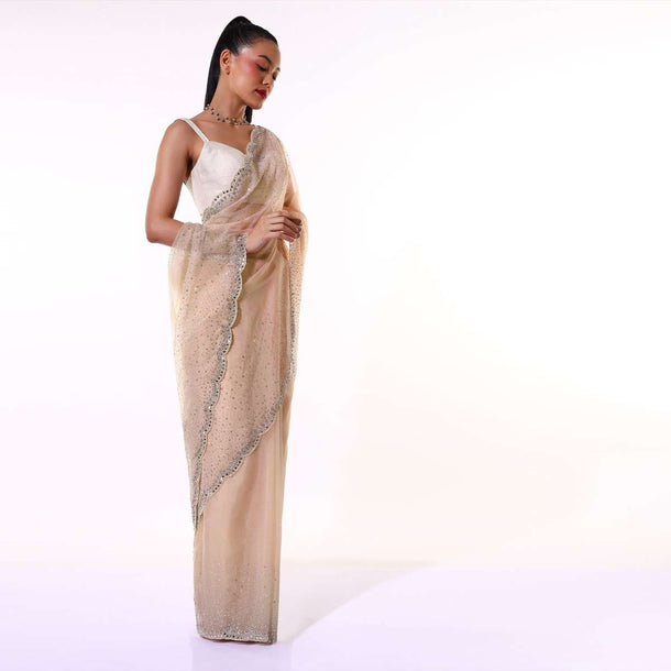 Dusty Peach Saree In Organza With Mirror Embroidered Scallop Border Along With Flower Shaped Sequins Online - Kalki Fashion