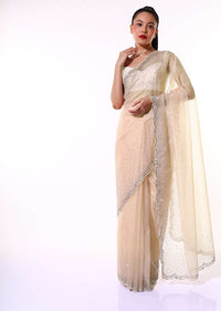 Dusty Peach Saree In Organza With Mirror Embroidered Scallop Border Along With Flower Shaped Sequins Online - Kalki Fashion