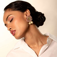 Dusty Peach Semi Precious Stone Earrings In Floral Motif With Kundan Centre And Dangling Pearl Drops