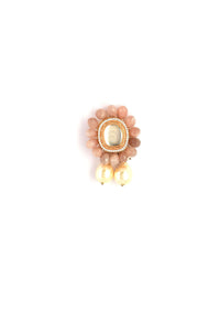 Dusty Peach Semi Precious Stone Earrings In Floral Motif With Kundan Centre And Dangling Pearl Drops