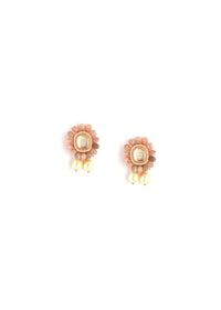 Dusty Peach Semi Precious Stone Earrings In Floral Motif With Kundan Centre And Dangling Pearl Drops