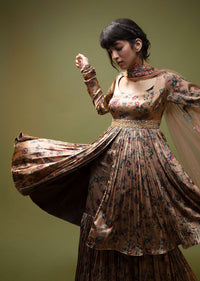 Dusty Peach Sharara Suit In Satin With A Front Slit Peplum Kurti And Moti Accented Waistline