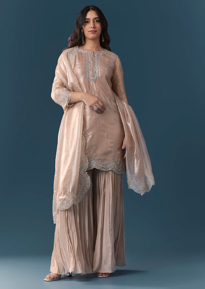 Dusty Pink Embellished Sharara Suit Set With Dupatta
