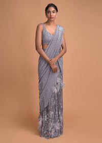 Cloud Grey Ready Pleated Saree Embellished With Sequins And Feathers Online - Kalki Fashion