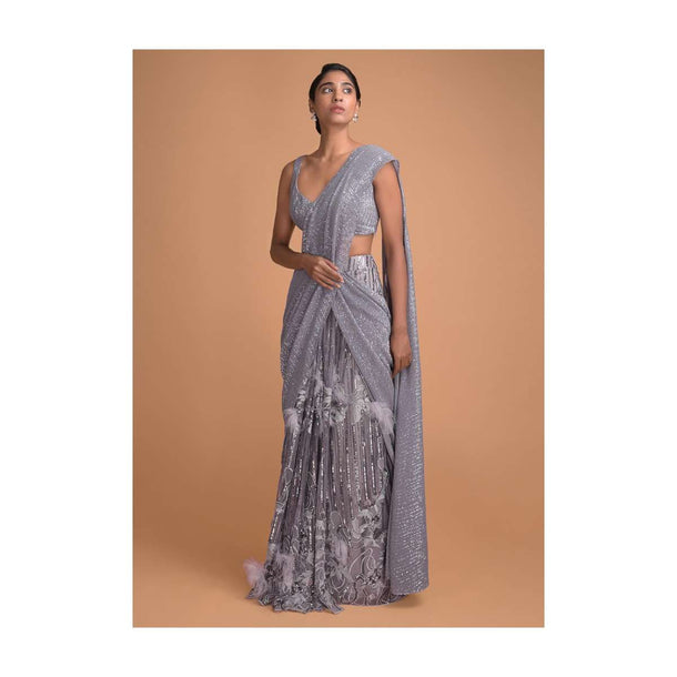 Cloud Grey Ready Pleated Saree Embellished With Sequins And Feathers Online - Kalki Fashion