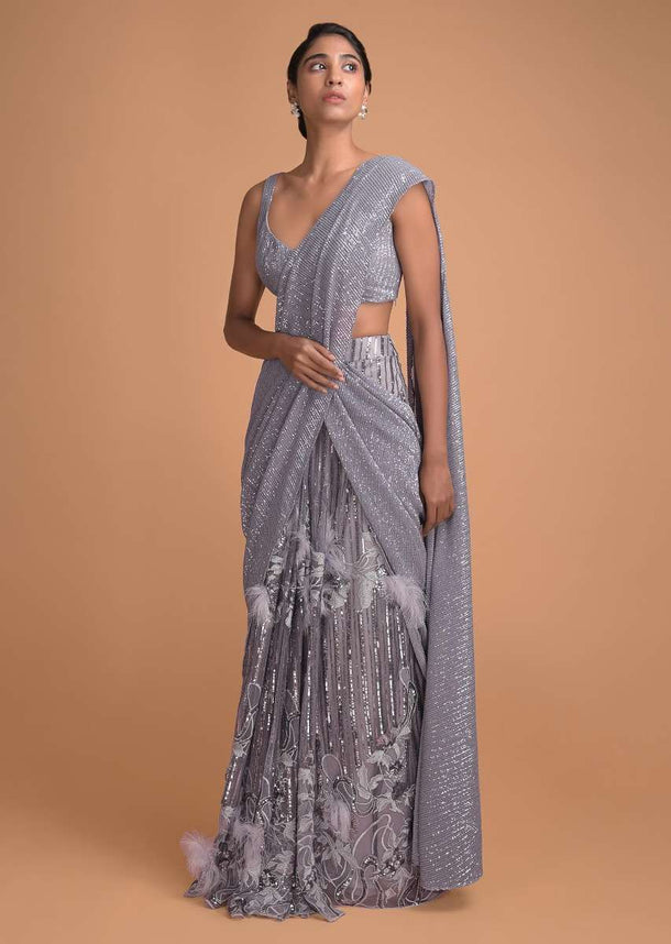 Cloud Grey Ready Pleated Saree Embellished With Sequins And Feathers Online - Kalki Fashion