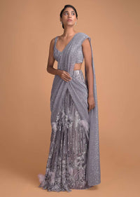 Cloud Grey Ready Pleated Saree Embellished With Sequins And Feathers Online - Kalki Fashion