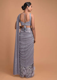 Cloud Grey Ready Pleated Saree Embellished With Sequins And Feathers Online - Kalki Fashion