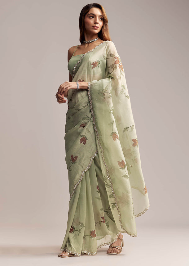Dusty Pista Green Tissue Saree With Floral Embroidery