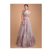 Dusty Rose Pink Lehenga Choli In Organza With Velvet And Silk Patchwork In Floral Motifs Online - Kalki Fashion