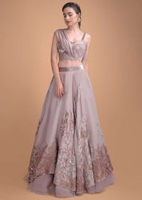 Dusty Rose Pink Lehenga Choli In Organza With Velvet And Silk Patchwork In Floral Motifs Online - Kalki Fashion