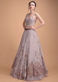 Dusty Rose Pink Lehenga Choli In Organza With Velvet And Silk Patchwork In Floral Motifs Online - Kalki Fashion