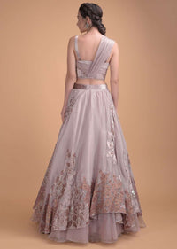 Dusty Rose Pink Lehenga Choli In Organza With Velvet And Silk Patchwork In Floral Motifs Online - Kalki Fashion