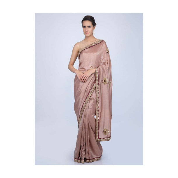 Dusty rose pink tussar silk saree with embroidered butti and border only on Kalki