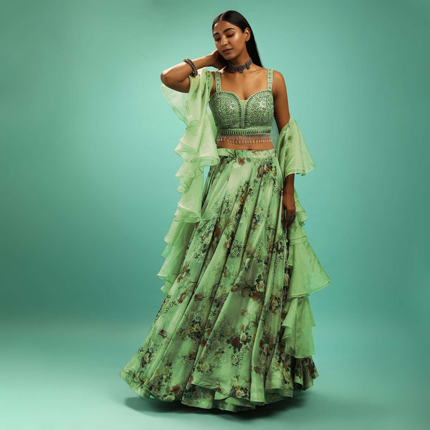 Dusty Pista Green Shaded Skirt And Crop Top With Floral Print And Mirror Work