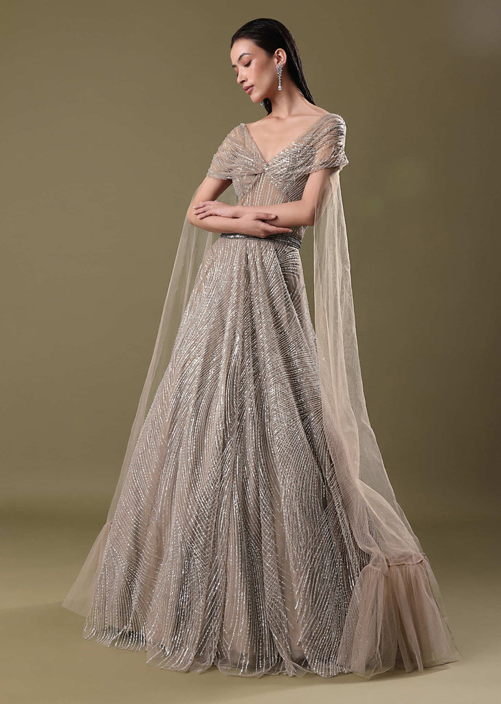 Dusty Beige Embroidered Gown With Cowl Sleeves And Wings